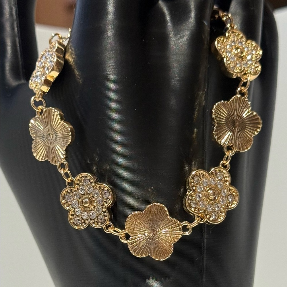 Gold Floral Bracelet with Rhinestones